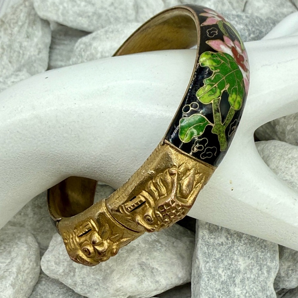 Vintage Cloisonné Twin Dragon Bangle Bracelet Black Enamel Floral 2.5” - Picture 10 of 17